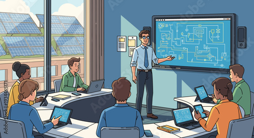 Diverse group of students learning from a teacher in a modern classroom setting.