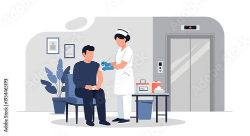 Nurse Administering Vaccine to Patient in Modern Clinic Waiting Area