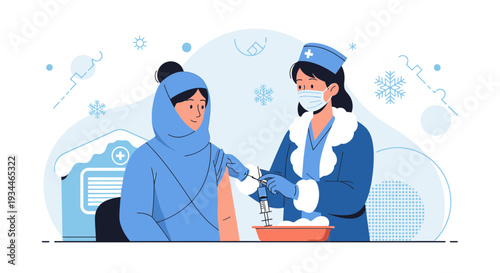 Nurse Administering Vaccine to Patient in Winter Setting - Healthcare Illustration