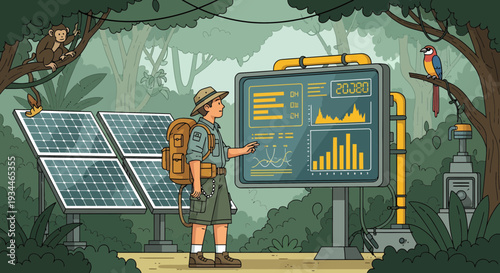 Explorer studying solar energy data in jungle.