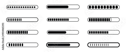 Loading and Progress Bar Symbols, Buffering Stripes, Status Tracker, Download Timeline, and Digital Interface Vector Icons