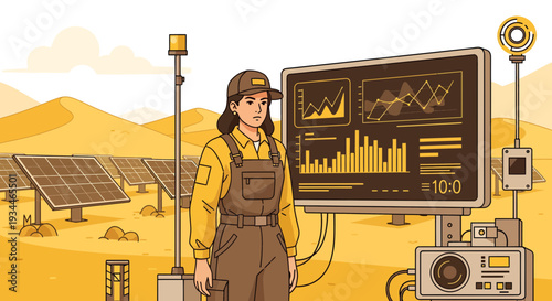 Female technician monitoring solar energy production data on screen.