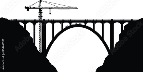 Silhouette of a large arched bridge with a construction crane and people Keywords: bridge, arched bridge, construction, crane