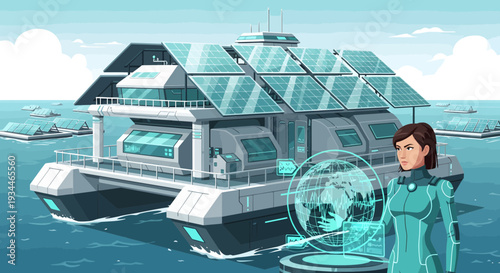 Futuristic Floating Research Station with Scientist.