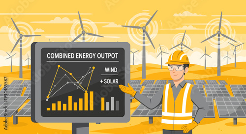 Engineer presenting renewable energy output data on screen.