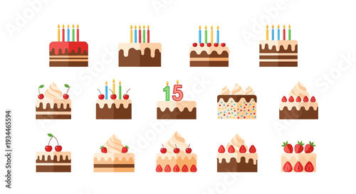 Birthday Cake Icons Set with Candles and Fruit Toppings in Flat Design Style