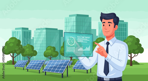 Man holding futuristic interface with solar panels and city buildings.