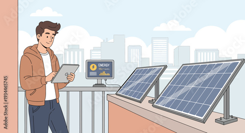 Man holding tablet examining solar panels and computer screen.