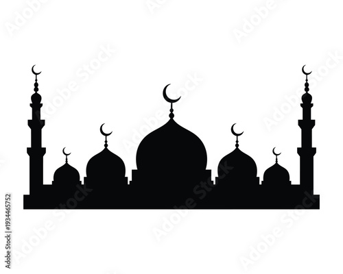 Silhouette of iconic mosque architecture with crescent moons and minarets against a plain background