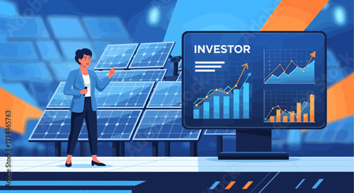 Investor presenting solar energy financial growth data on screen.