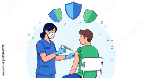 Nurse Administering Vaccine to Patient, Shield of Protection Concept