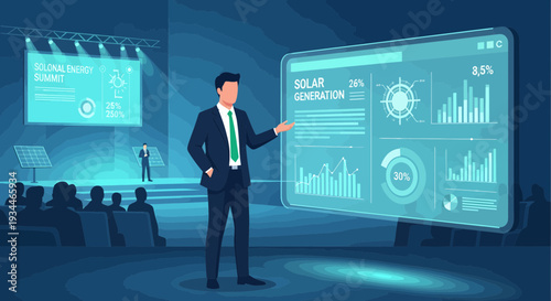 Man in suit presenting data on large futuristic screen.