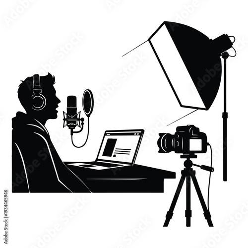 Man recording video podcast with camera and microphone setup