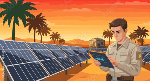 Man in uniform inspecting solar panels with tablet.
