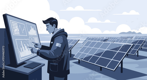 Man interacting with advanced solar energy monitoring system.