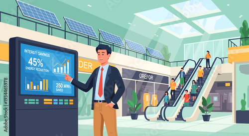 Man Interacting With Digital Display in Modern Mall.