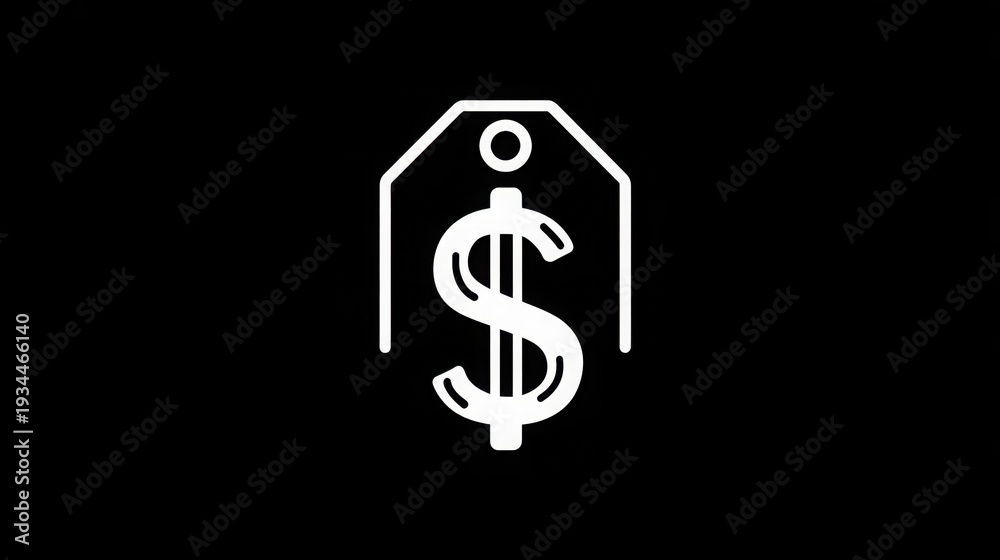 Fototapeta premium Minimalist white icon depicting a dollar sign centered inside a price tag silhouette against a solid black background representing finance concepts.