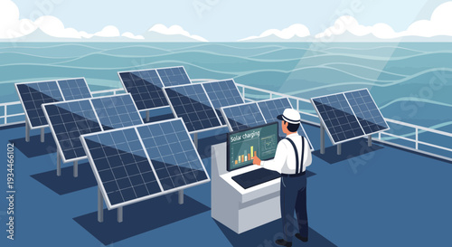 Man operating solar panel control system on a ship deck.