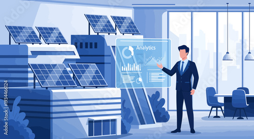 Man interacting with futuristic solar energy display.