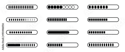 Loading and Progress Bar Symbols, Buffering Stripes, Status Tracker, Download Timeline, and Digital Interface Vector Icons