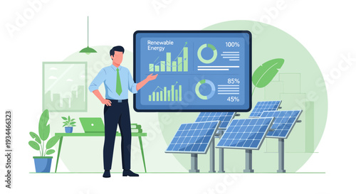 Man presenting solar energy data on screen with panels.
