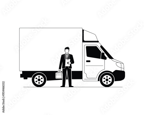 Business professional standing next to a delivery truck with clipboard in hand