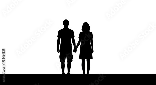 Silhouette of a loving couple holding hands from behind line