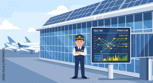 Pilot standing in front of solar powered airport building with data screen.