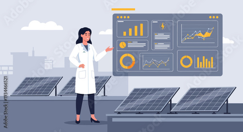Scientist analyzing solar energy data on a rooftop dashboard.