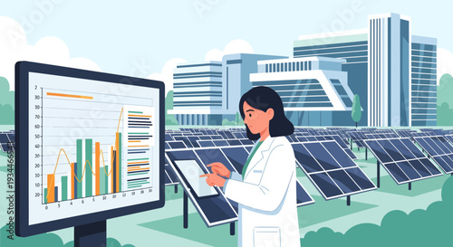 Scientist analyzing solar energy data on tablet and screen.