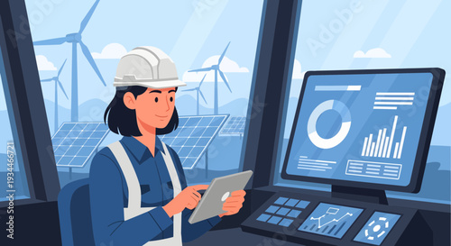 Woman Engineer Monitoring Renewable Energy Systems on Tablet.