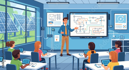 Teacher instructing students in a modern classroom with interactive technology.