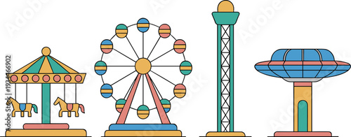 Amusement park rides collection with carousel horses, ferris wheel, observation tower and spinning attraction flat vector illustration isolated on white