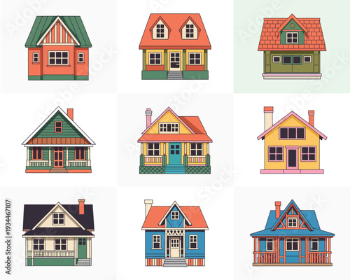 Diverse colorfully illustrated houses in a grid layout for architectural inspiration