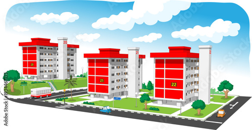 Singapore's public housing in cartoon style integrates lush greenery, creating vibrant, eco-friendly living spaces that enhance urban biodiversity.