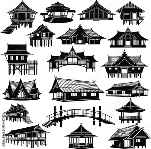 Vector Set of Traditional Thai and Southeast Asian Stilt Houses, Temples, and Bridges in Detailed Silhouette