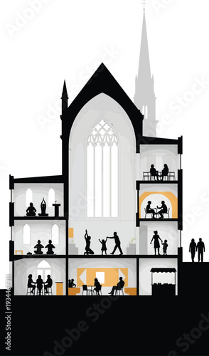 Cross-Section of a Community Building with Diverse Activities: Yoga, Family Time, and Social Gatherings - Silhouette Illustration
