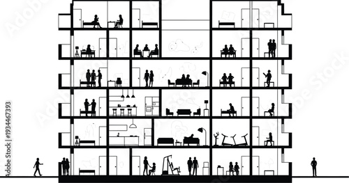 Detailed Architectural Section of a Multi-Story Residential Building Showing Various Units and Activities - Line Art Illustration