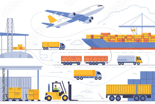 Illustrated depiction of logistics and transportation operations involving air and ground freight