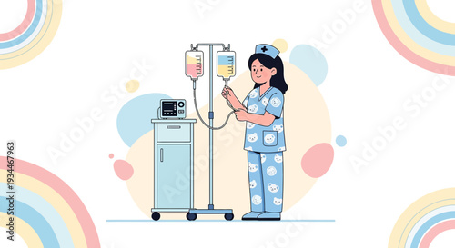 Nurse Administering IV Drip Treatment with Medical Equipment