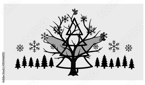 Black and White Christmas Tree Vector with Snowflakes and Minimalist Winter Forest Elements