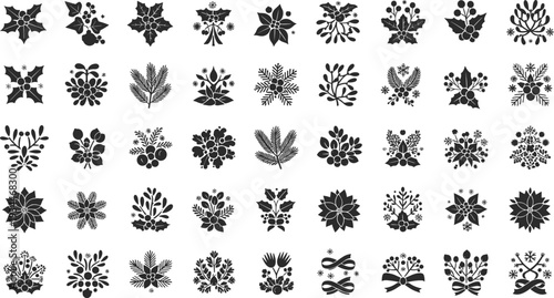 Black Christmas icons with holly, snowflakes, and mistletoe for holiday designs