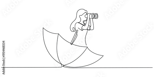 Continuous line drawing of woman looking through binoculars with umbrella