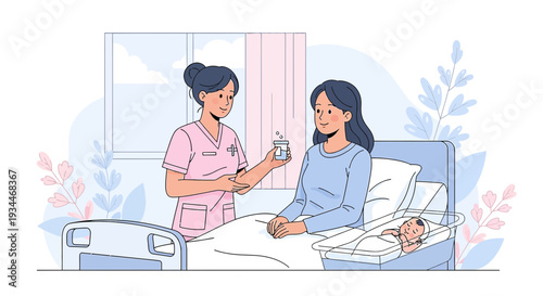 Nurse Administering Medication to Patient in Hospital Bed with Newborn Baby