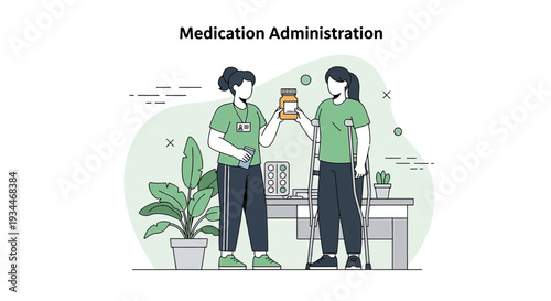 Nurse Administering Medication to Patient with Crutches | Healthcare Illustration