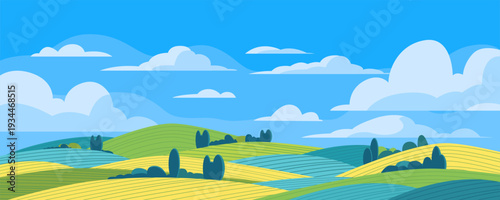 Landscape of green fields and meadows. Beautiful yellow and green hills with trees and bushes against a stunning blue sky and clouds. Vector illustration of summer fields.