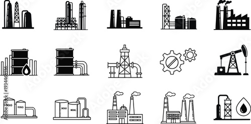 Industrial Factory, Power Plant, and Oil Gas Industry Line Icon Set