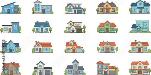 Suburban Family House Collection with Modern Residential Homes and Colorful Real Estate Building Exteriors in Flat Vector Illustration Set