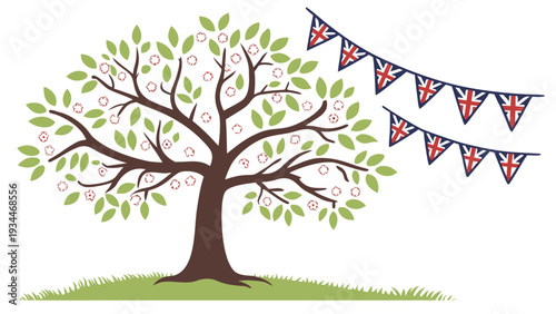 Spring bank holiday uk park scene with tree and union jack bunting