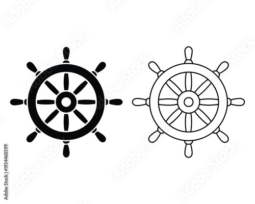 Comparison of two different ship steering wheel designs shown in black and white line art